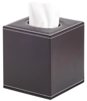 Image de Boîte de mouchoirs en cuir, forme carrée, couleur marron, dimensions : 14,6 x 13,3 x 13,3 cm