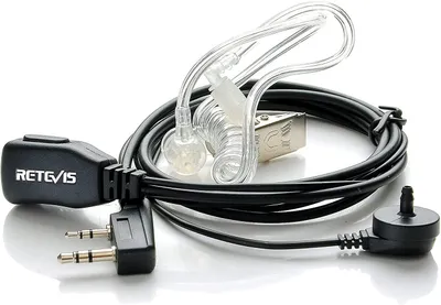 A black and clear coiled headset with a microphone and two-pin connector is laid out on a white background.