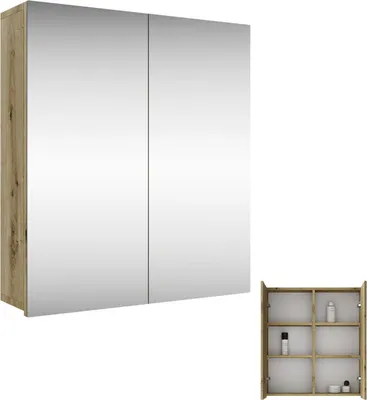 A mirrored cabinet and a small open shelf unit.