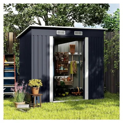 Produktbild von Geräteschuppen mit Pultdach und Schiebetüren, Gartenhaus mit Luftventilen und verzinktem Metallrahmen, Fahrradgarage für Garten, Rasen, Terrasse, 213 x 112 x 185 cm