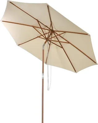 A beige patio umbrella with a wooden pole and frame, shown from a low angle against a white background.