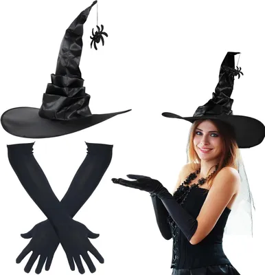 Imagen del producto de Conjunto de sombrero y guantes largos: sombrero de satén plegable con una araña brillante, guantes elásticos de 45 cm, ideal para Halloween
