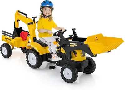 Produktbild von 3 in 1 Kinder Trettraktor mit 6 Rädern & Verstellbarer Grabschaufel & abnehmbarem Anhänger, Kindertraktor mit Hupe, für Kinder 3-6 Jahren bis zu 35 kg belastbar (Gelb)