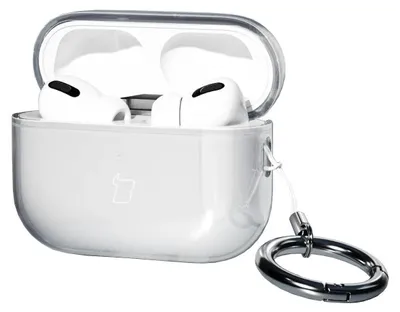 A clear case for AirPods Pro 3 with the earbuds inside, and a silver carabiner attached.