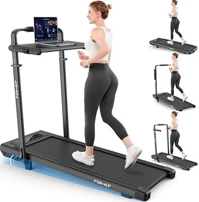Image de Tapis de course pliable (1-12 km/h) – Tapis de marche 4 en 1 avec poignée et bureau, capacité de 136 kg, compact et silencieux pour le bureau/la maison, noir mat