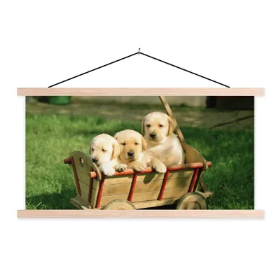 Produktbild von MuchoWow® Textilposter Drei entzückende Golden Retriever Welpen in einem Wagen 120x60 cm mit holzfarbenen Rahmen - Klemmleiste