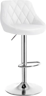 A white bar stool with a chrome base and adjustable height.