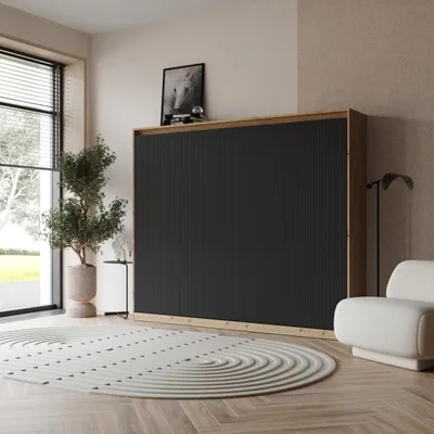 Produktbild von Schrankbett WAVES 160x200 Horizontal Front Anthrazit geriffelt Wildeiche/Anthrazit