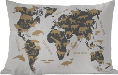 Produktbild von MuchoWow® Outdoor Kissen - Weltkarte - Grau - Tiere - 60x40 cm - Wetterfest - Lounge Kissen - Zierkissen - Kissen für Innenräume