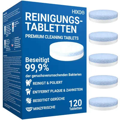 Produktbild von HIXO 120x Reinigungstabletten für Zahnschienen Zahnersatz – Retainer Gebissreiniger Zahnspangenreiniger