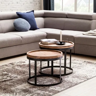 Immagine prodotto di FineBuy Set di 2 tavolini in legno massiccio di acacia rotondi - Set di tavolini da salotto con struttura in metallo nero Tavoli in legno massiccio fatti a mano Design industriale