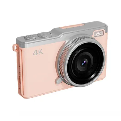 A pink and gray digital camera is shown against a white background.