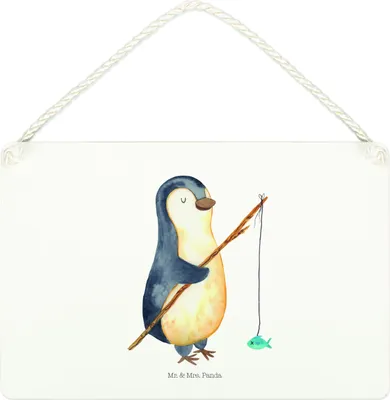 Produktbild von Mr. & Mrs. Panda hängeschild Pinguin Angler DIN A4 - Weiß - Geschenk, Urlaub, Pinguine, Angel, Geschenkidee, Wandbild Holz, kleine aufmerksamkeit, Schild, Türschild