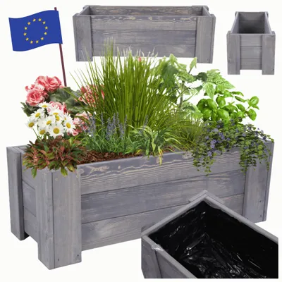 Produktbild von MODO24 Pflanzkübel Holz, Pflanzkasten, Blumenkasten, Kiefer, Schutzfolie, Wetterfest, Balkon, Garten, 30x80x33 cm, Grau, RDZP