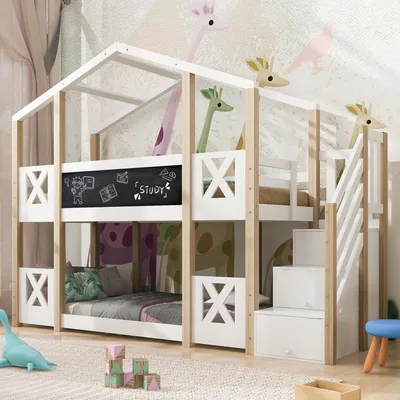 Produktbild von Flieks Etagenbett 90x200cm Kinderbett mit Tafel, Hochbett mit Rausfallschutz, Hausbett mit Schubladentreppe, Massivholzbett mit Lattenrost für 2 Kinder