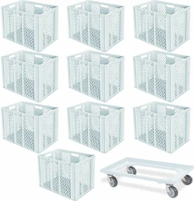 Produktbild von 10 Euroboxen, 600x400x410 mm, lebensmittelecht, weiß + Transportroller