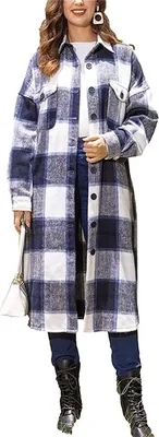 Produktbild von ASKSA Damen Kariertes Lange Hemdjacke Taschen Knöpfen Langarm Holzfällerjacke Mantel, B Dunkelblau, 2XL