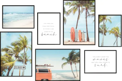 Produktbild von Hyggelig Home Premium Poster Set - 7 passende Bilder OHNE RAHMEN im stilvollen Set - Collage Bild Wand Deko - 3 x DIN A3 + 4 x DIN A4 - Set Surfing