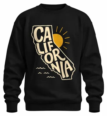 Zdjęcie produktu dla Bluza z kapturem, styl retro, motyw: zachód słońca nad wybrzeżem Kalifornii, fale, plaża, napis "USA", kolor: czarny, rozmiar: M