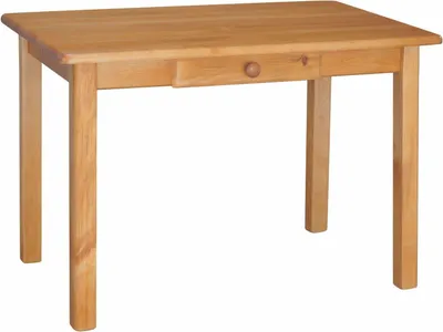 A wooden table with a single drawer and a wooden knob.