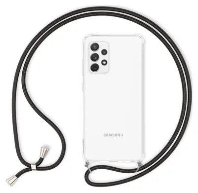 A transparent phone case with a black lanyard is shown against a white background.