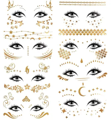 Image de Tatouages temporaires pour le visage, autocollants métalliques, lot de 8 pièces, pour femmes et filles, imperméables, idéaux pour les fêtes de carnaval, les déguisements, les soirées et le maquillage