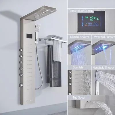 A collage of images showcasing a modern shower panel system with various features.
