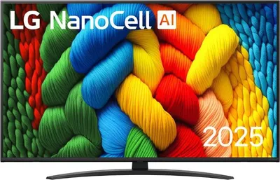 A television screen displaying a colorful abstract image with text overlays.