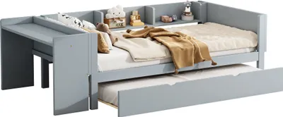 Zdjęcie produktu dla Wielofunkcyjne łóżko dziecięce 90x200 cm z wysuwanym łóżkiem, zintegrowanym biurkiem i 3 półkami, szare