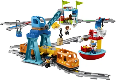 Produktbild von LEGO DUPLO Güterzug, „Push & Go“-Lok mit Lichtern und Geräuschen, Funktionssteinen und 2 Kranen, Spielzeug für Mädchen und Jungen ab 2 Jahren 10875