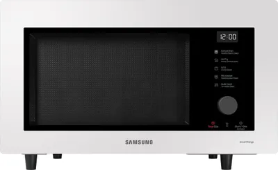 A front view of a white Samsung microwave oven with a black control panel and door.