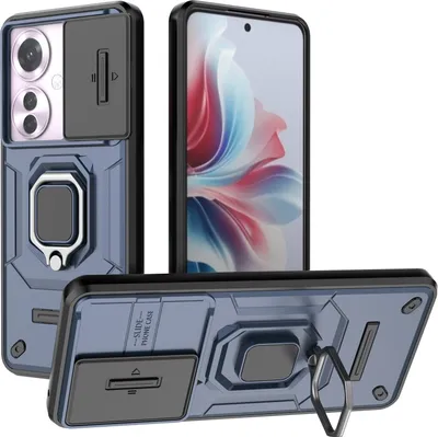 Image de Etui pour Oppo Reno11 F étui double couche avec protection coulissante de l'appareil photo et support d'anneau, stand bleu