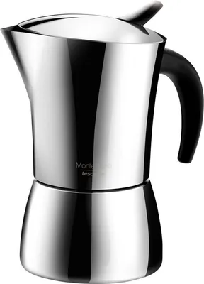 A studio shot of a stainless steel espresso maker.