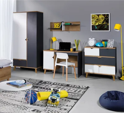 Produktbild von Jugendzimmer Set 4-teilig MARIBOR-132 mit Kleiderschrank in Eiche mit weiß, graphit