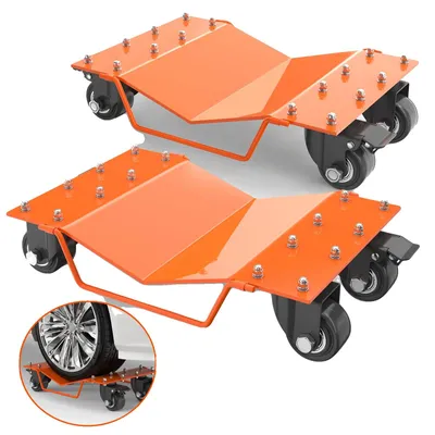 Obrázok produktu pre Sada vozíkov na prepravu automobilov, nosnosť 4000 lbs, uzamykateľné otočné kolieska, oranžová farba - 2 kusy