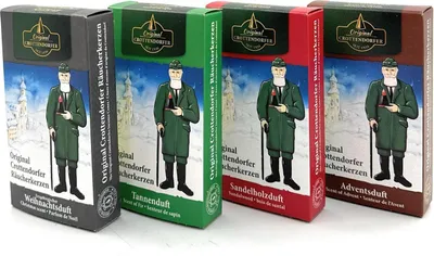 Four boxes of Crottendorfer Räucherkerzen (incense cones) in different scents, arranged diagonally.