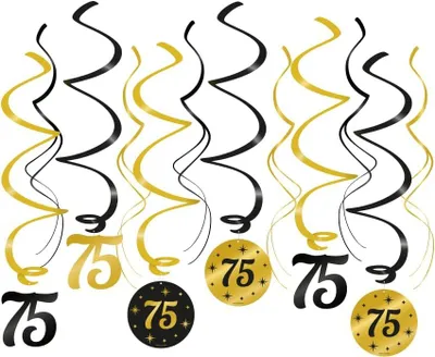 Produktbild von Deckenspiralen schwarz gold, 75. Geburtstag, 6 Stück, Partydekoration für Geburtstagsfeier