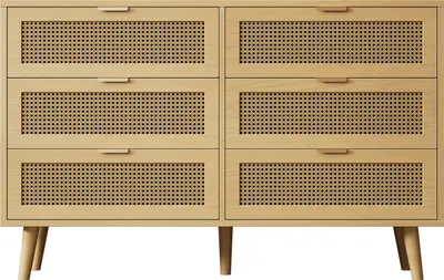Produktbild von Flieks Kommode mit 6 Schubladen, Rattan Wohnzimmerschränke Massivholz, 120x40x76.5 cm, Naturbelassen
