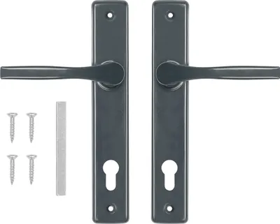 A set of two door handles with mounting hardware, presented on a white background.