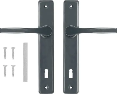 A set of door handles and screws on a white background.