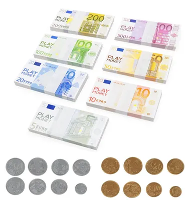 Obrázok produktu pre Falošné bankovky v hodnote eura – 86 kusov – Hracie mince – Vzdelávacia hračka – Doplnky na hranie rolí – Finančná výchova – Farebné