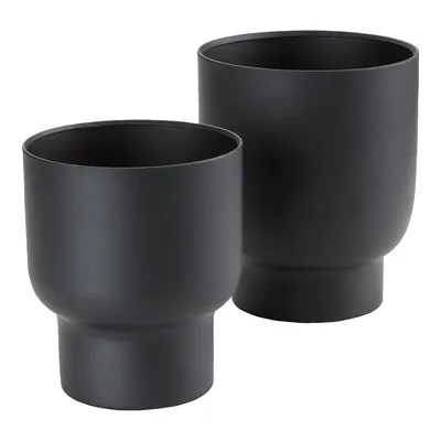 Two black planters are shown against a white background.