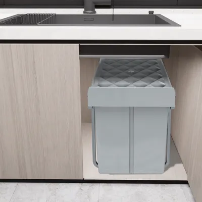 Produktbild von XMTECH Einbaumülleimer Küche Auszug, Einbaumülleimer Unterschrank Müll-Trennsystem, 2 Fächer Ausziehbar 2 x 20L, Vollauszug mit Teleskopschienen, 48 x 34 x 42 cm (L x B x H), Grau