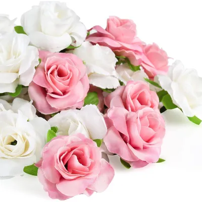 Image de Têtes de roses artificielles, 50 pièces, blanches et roses, diamètre 4 cm, pour la décoration et les travaux manuels