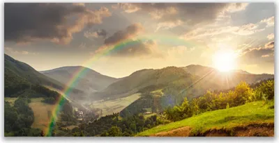 Produktbild von Acrylglasbilder 120x60 Wandbild Druck Sonne Regenbogen Gebirge Landschaft