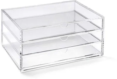 Produktbild von Unyqoos® Kristallklare Acryl-Schubladenbox mit 3 Schubladen – transparenter Organizer für Make-up, Schmuck & Büro, mit transparenten Harzfüßchen