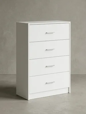 Weiße Schubladenkommode in der Frontalansicht vor neutralem Hintergrund. Das geradlinige Design mit vier Schubladen und dezenten Aluminiumgriffen bietet 60 cm breiten und edlen Stauraum._#sku_BARWL5.864#