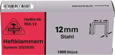 Produktbild von HaWe Tackerklammern 1000 Stück - aus Stahl - für System 53/530 und Tacker 901.00, 903.00, 00.153,  0153.0,  0353.0 - in 6, 8, 10, 12, 14 mm Größe:12 mm