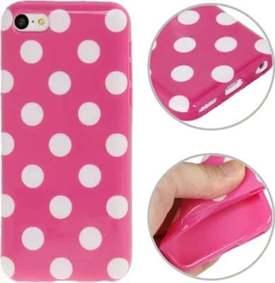 A collage of images showing a pink polka dot phone case for an iPhone 5c.