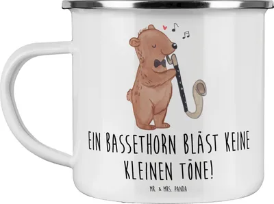 Produktbild von Mr. & Mrs. Panda Pott Bassethorn Klänge - Weiß - Geschenk, Emaille Tasse, Klarinettenfamilie, Holzblasinstrument, Haferl, Kammermusik, Lernen, Musiker, Musik, Becher